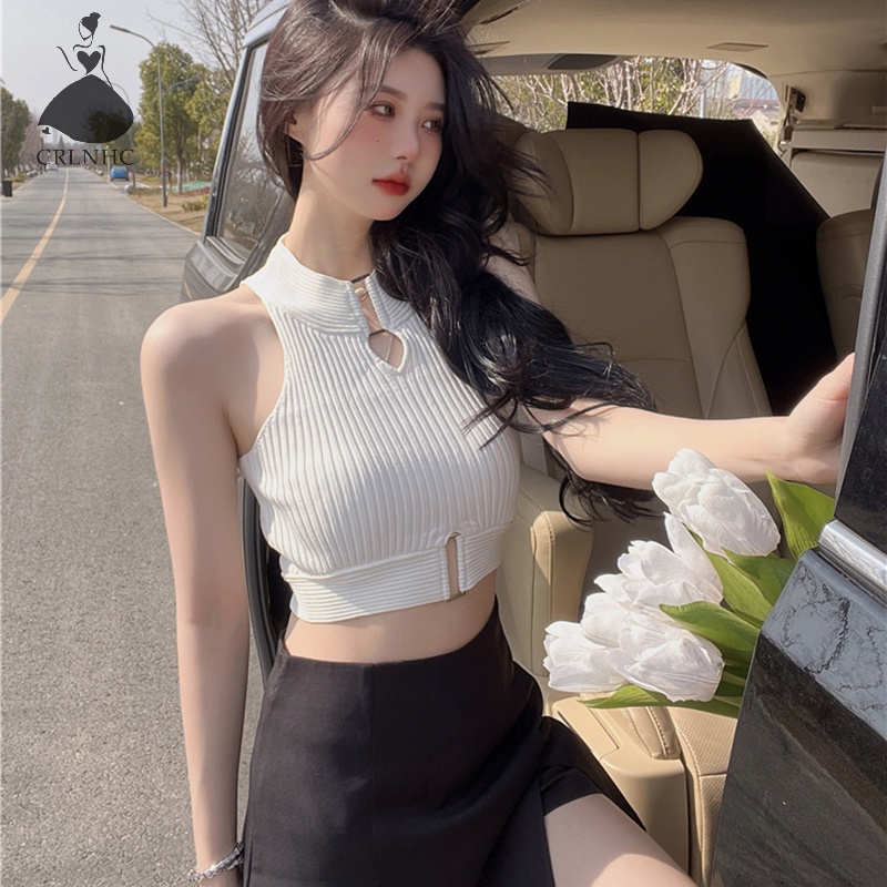 Áo Dệt Kim Sát Nách Khoét Lỗ Phong Cách Vintage Gợi Cảm Cho Nữ