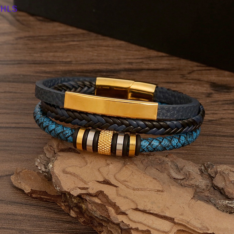 Vòng Tay Da Bện Nhiều Lớp Khóa Hợp Kim Màu Xanh Dương Phong Cách Punk Rock Thời Trang Cho Nam