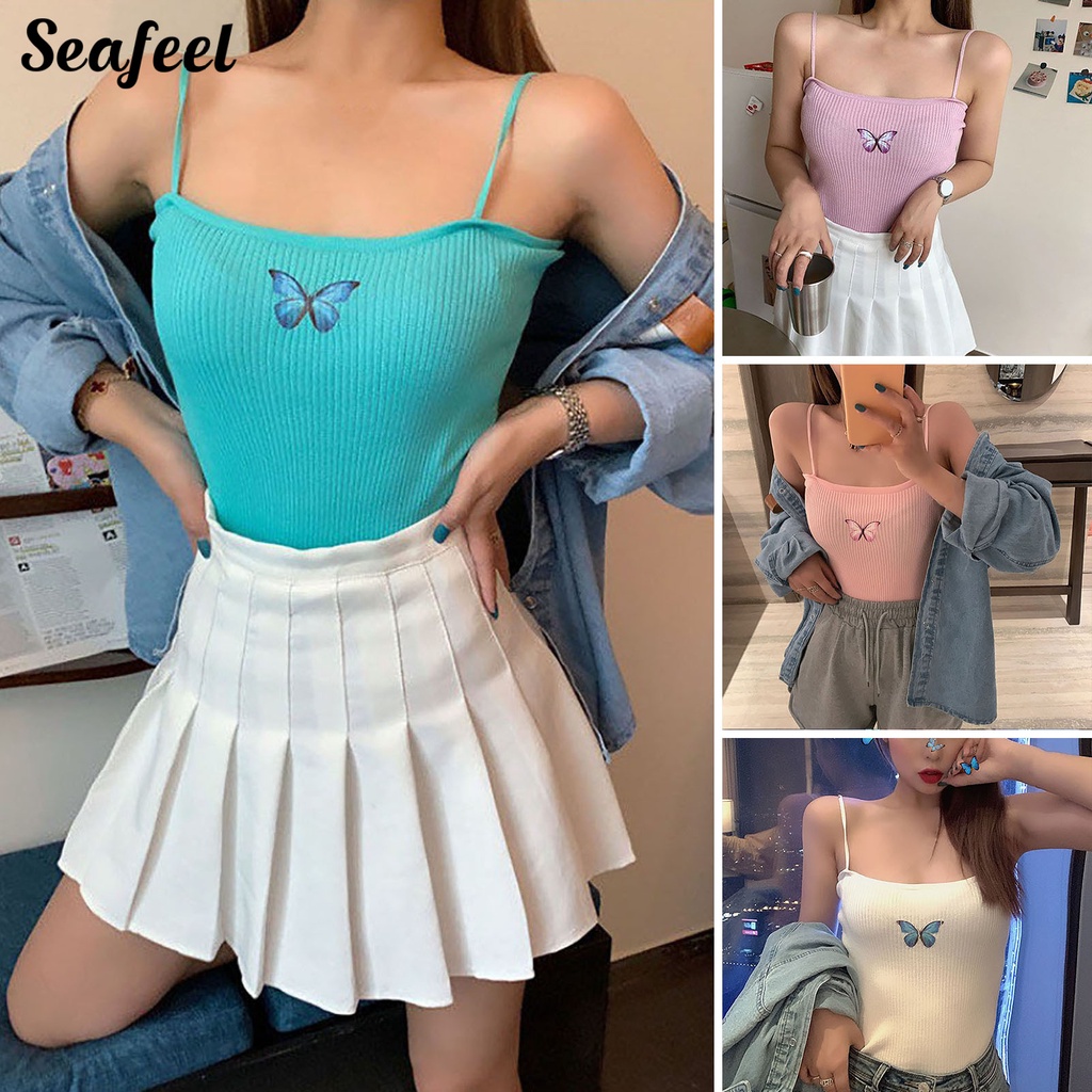 Áo Tank Top Hai Dây Hở Lưng Ôm Dáng Co Giãn In Họa Tiết Bướm Cho Nữ