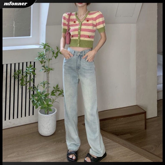 Áo Cardigan Dệt Kim Tay Ngắn Cổ Chữ V Kẻ Sọc Màu Sắc Tương Phản Thời Trang Mùa Hè Cho Nữ