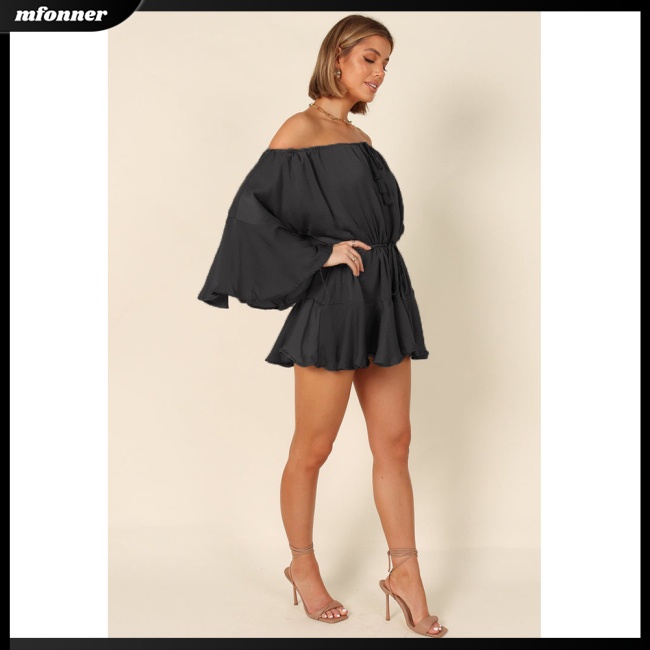 Bộ Áo Liền Quần Trễ Vai Eo Cao Tay Loe Phối Dây Rút Thời Trang Mùa Hè Cho Nữ