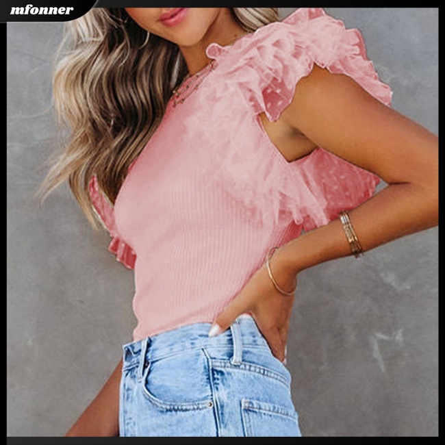 Áo Thun Tay Ngắn Cổ Tròn Phối Lưới Màu Sắc Đơn Giản Thời Trang Mùa Hè Cho Nữ