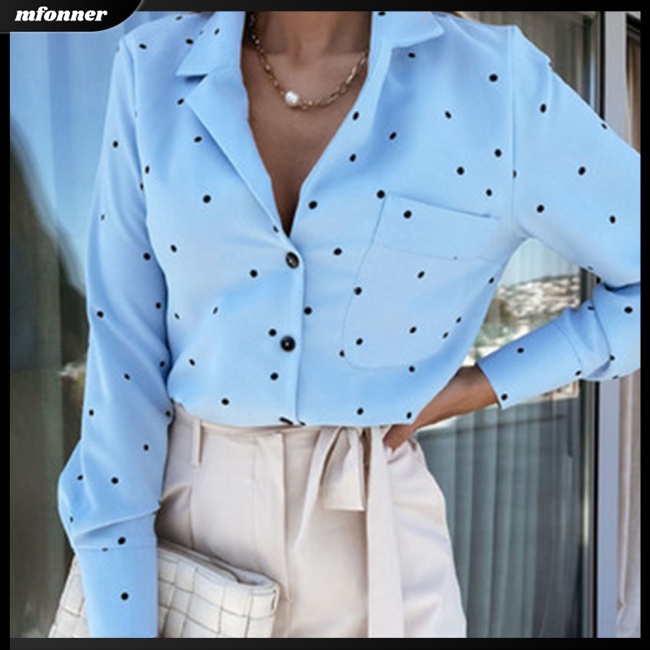 Áo Sơ Mi Tay Dài Họa Tiết Chấm Bi Có Túi Cho Nữ