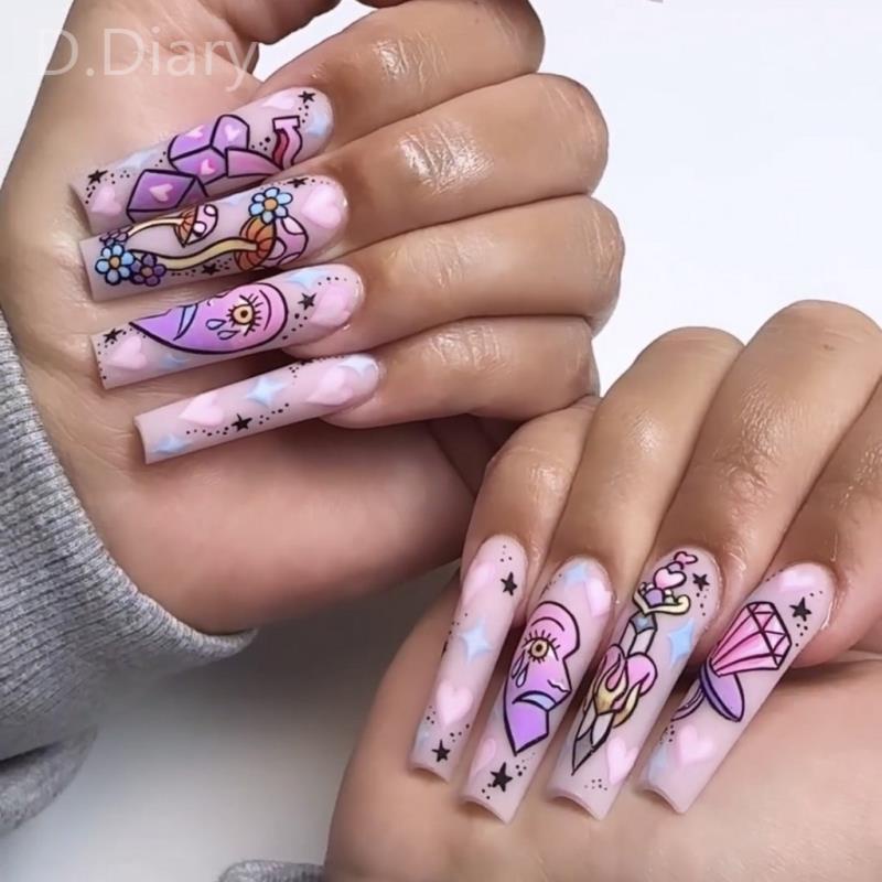 Móng Tay Giả Họa Tiết Anime Múa Ba Lê Phong Cách Châu Âu Màu Hồng Siêu Dài Dạng Nhấn Tái Sử Dụng Được Che Phủ Toàn