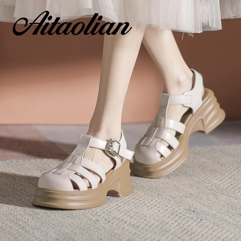 Xăng đan Da Thật 6cm Mũi Tròn Thời Trang Cho Nữ