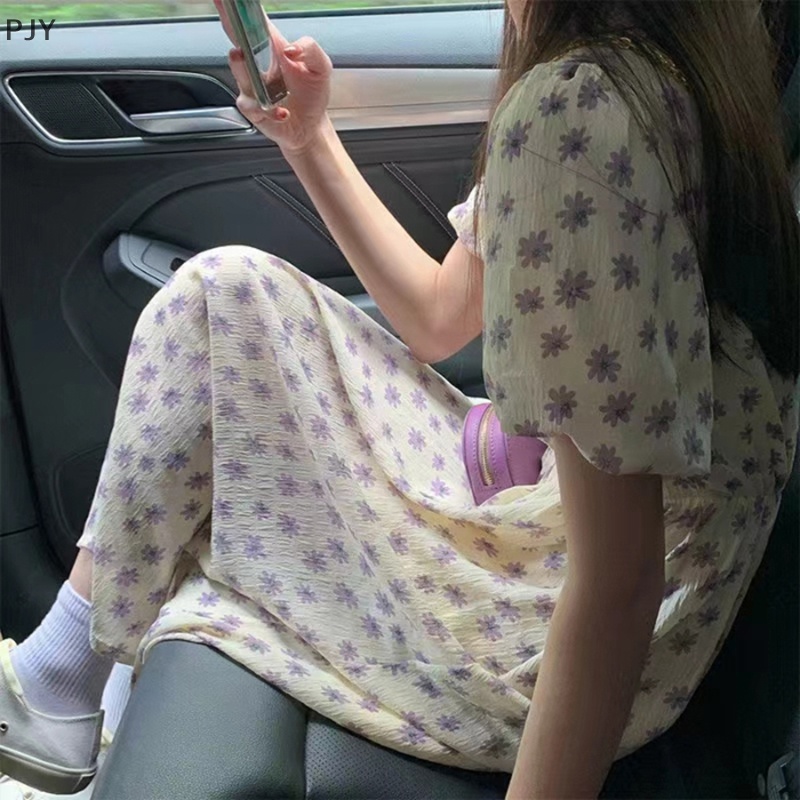 Đầm Midi Cổ Tròn Tay Phồng In Hoa Kiểu Vintage Thời Trang Mùa Hè Cho Bạn Gái PJ