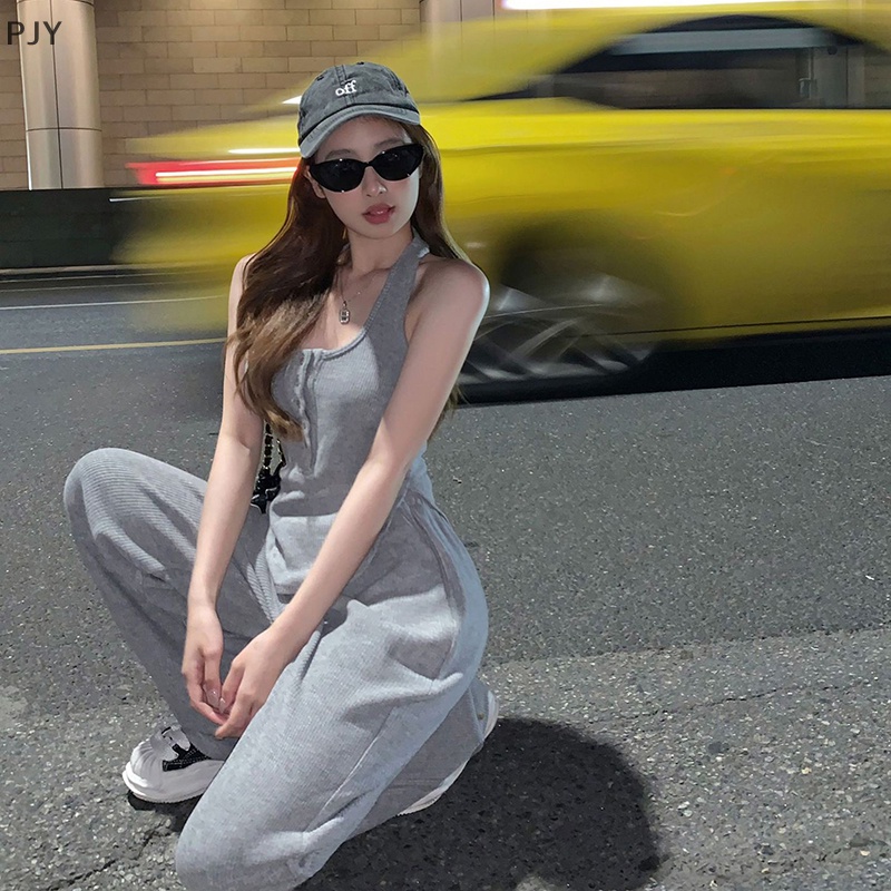 Set Đồ Thể Thao Hai Mảnh Gồm Áo Hai Dây Màu Xám Và Quần Dài Ống Rộng Mẫu Mới 2023 Thời Trang Mùa Hè Cho Nữ PJ