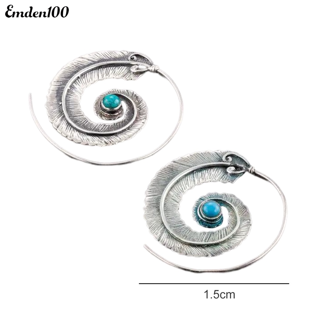 1 Đôi Bông Tai Tròn Khắc Hình Lông Vũ Đính Đá Ngọc Lam Giả Phong Cách Boho Cổ Điển Thời Trang Cho Nữ