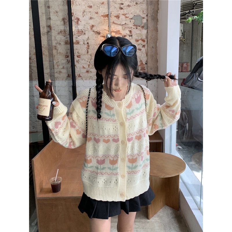 Áo Cardigan Dệt Kim Dáng Rộng Họa Tiết Hoa Tulip Thời Trang Xuân Hè Phong Cách Nhật Bản Cho Nữ