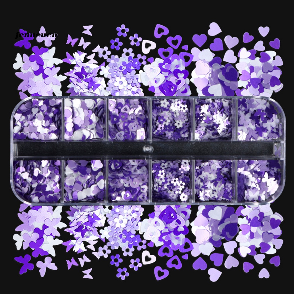 Hộp 12 Ngăn Đựng Hạt Sequin Hình Bướm Màu Tím Dùng Trang Trí Móng Nghệ Thuật
