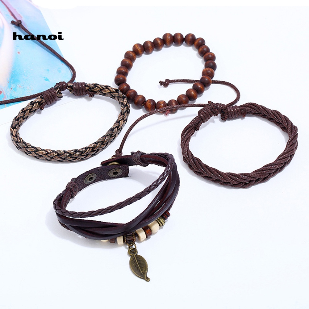 Set 4 Vòng Tay Bện Dây Giả Da Nhiều Lớp Thời Trang Cho Nam