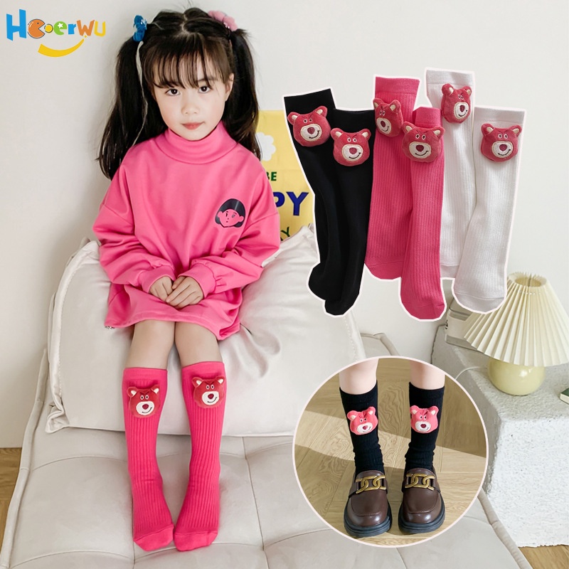 Vớ cotton Cổ Cao Màu Trơn Họa Tiết Gấu Hoạt Hình / Dâu Tây Dễ Thương Cho Bé Gái