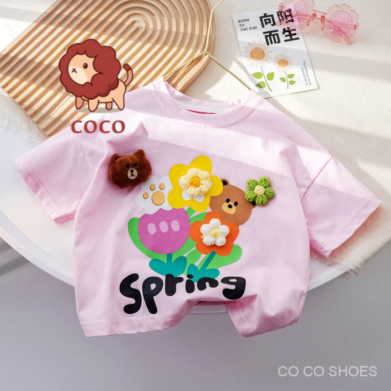 Áo Thun Tay Ngắn In Hình Gấu Và Hoa Dễ Thương Thời Trang Mùa Hè Cho Bé Gái