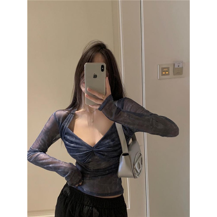 Milyfashion Áo Thun Tay Dài Chống Nắng Mỏng Cổ Chữ v Xuyên Thấu Ôm Dáng Mùa Hè Phong Cách Desire Cho Nữ