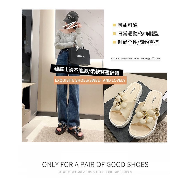 Dép Sandal Đế Dày Quai Ngang Họa Tiết Hoa Phong Cách Hàn Quốc Thời Trang Mùa Hè Cho Nữ