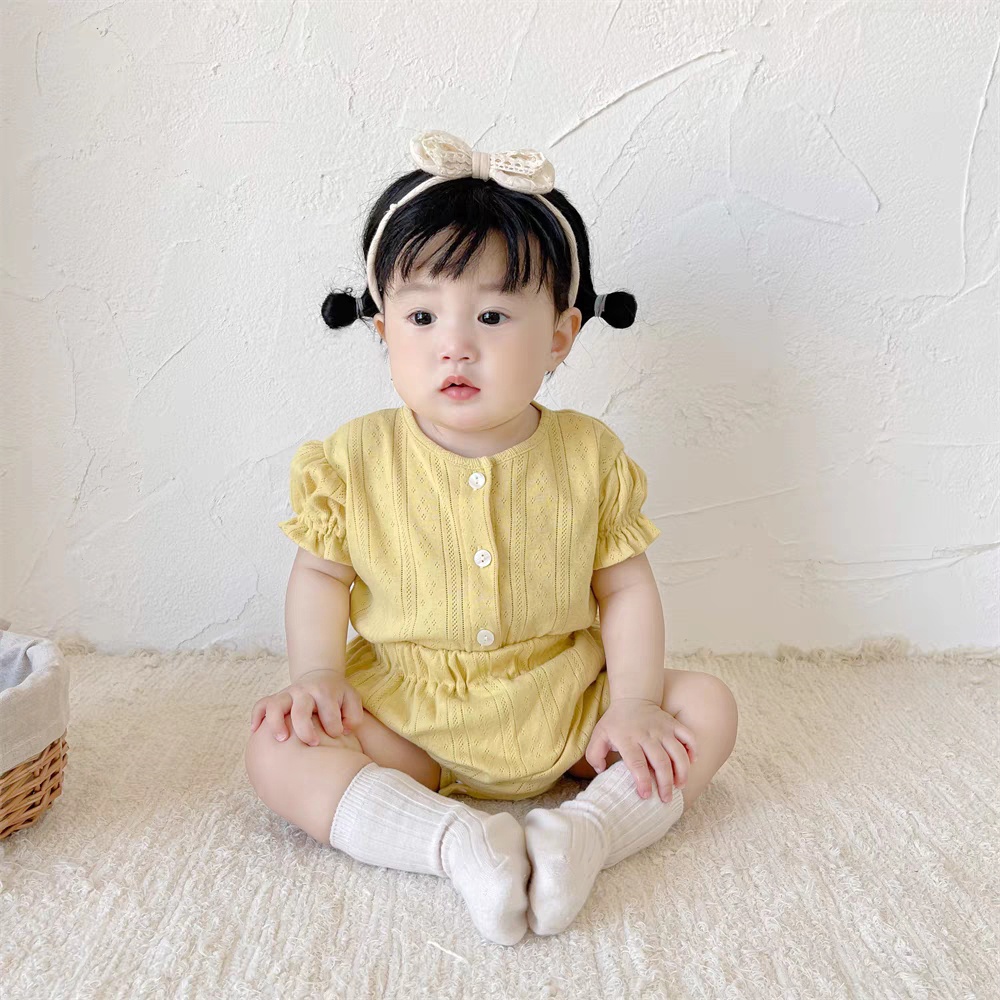 Set Đồ Mùa Hè 2 Món Gồm Áo Sơ Mi Tay Cộc Màu Vàng / Be + Quần Ngắn Cho Bé Gái Sơ Sinh 0-24