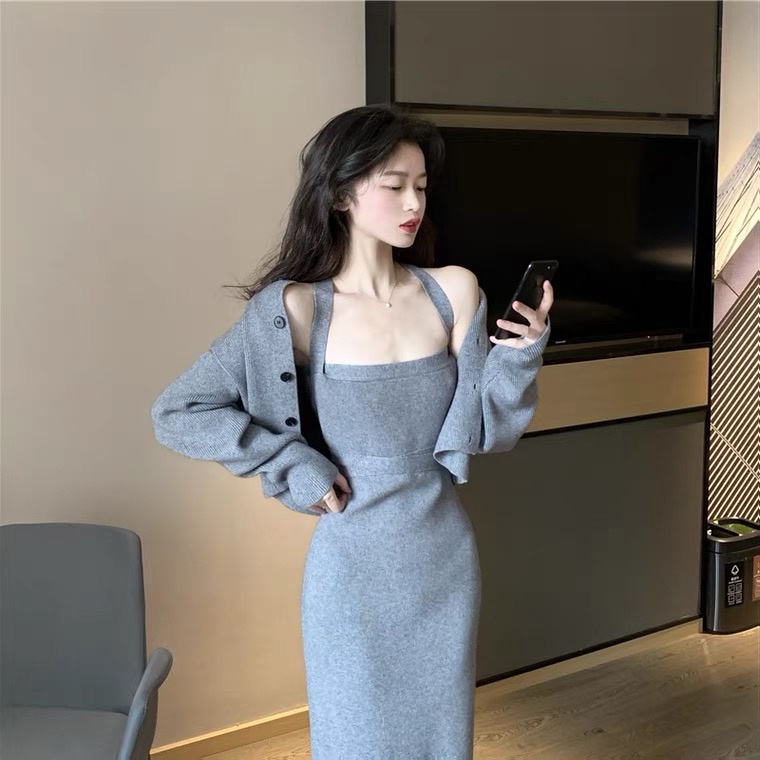 SUXI Set Đầm Hai Dây + Áo Khoác Cardigan Dệt Kim Tay Dài Màu Trơn Thời Trang Mùa Thu