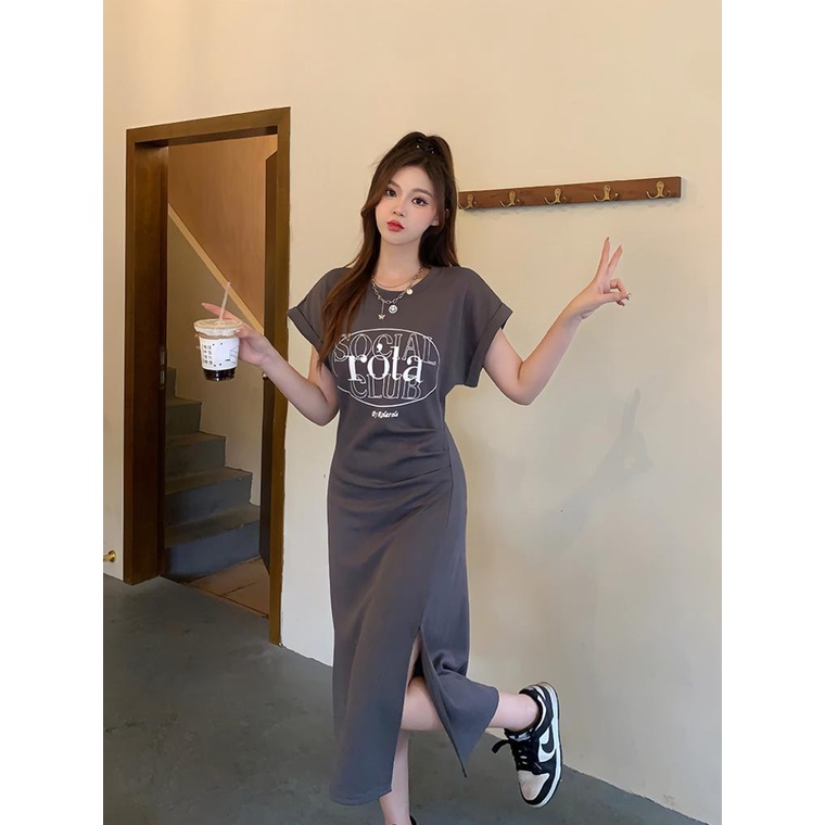 Đầm Chữ A Tay Ngắn Dáng Rộng Xẻ Tà In Hoạ Tiết Thời Trang