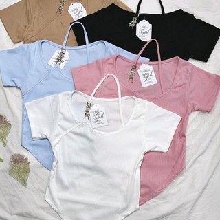 Áo thun gân tay ngắn dây yếm , áo croptop nữ cổ yếm vạt nhọn