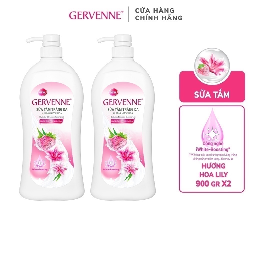 Combo 2 Sữa tắm trắng da hương nước hoa Gervenne Dâu Tây Bạch Tuyết và Lily Hồng 900g/chai