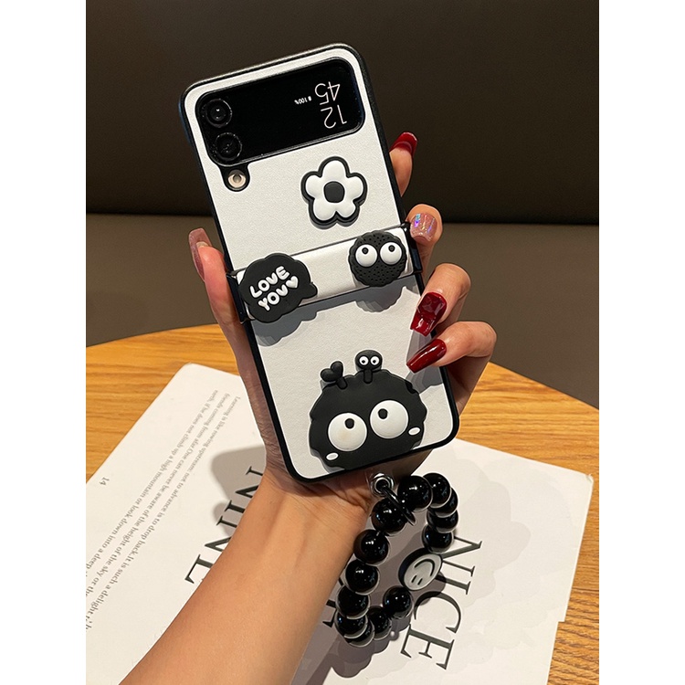 Ốp Điện Thoại Hình Hoa Màu Đen Phối Chuỗi Hạt Cho samsung galaxy z flip 5 4 3 5g flip5 zflip3 zflip4