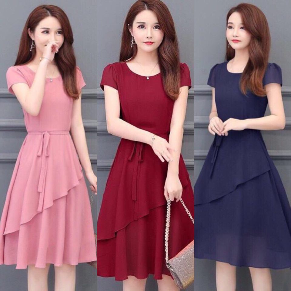 ĐẦM XÒE VOAN DỰ TIỆC HAI TẦNG TAY CON THẮT NƠ EO SIÊU XINH XẾP LI 2 TẦNG