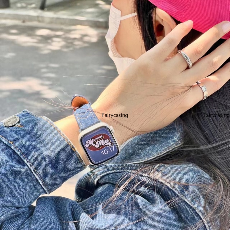 Dây Đeo Đồng Hồ Bằng Da Và Denim Cho iWatch Series 42mm 41mm 40mm 44mm 45mm 38mm 49mm Ultra 8 7 6 5 4 SE