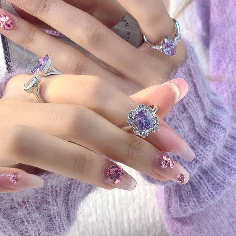Nhẫn Hở Đính Đá Zircon Màu Tím Thời Trang Có Thể Điều Chỉnh Kích Thước