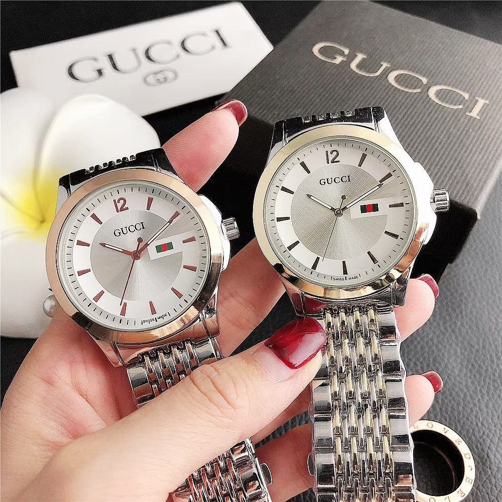 Đồng hồ đôi Mặt Tròn Họa Tiết Gucci Dây Da Thép Không Gỉ Thời Trang Cho Nam Và Nữ
