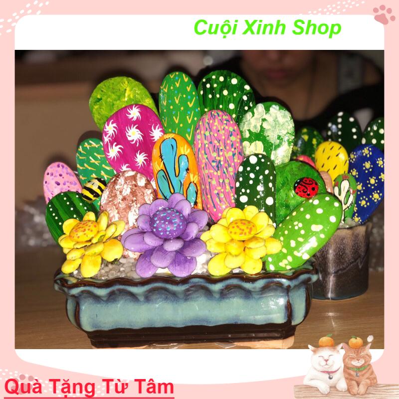 Chậu xương rồng làm từ đá cuội siêu cute quà tặng HandMade