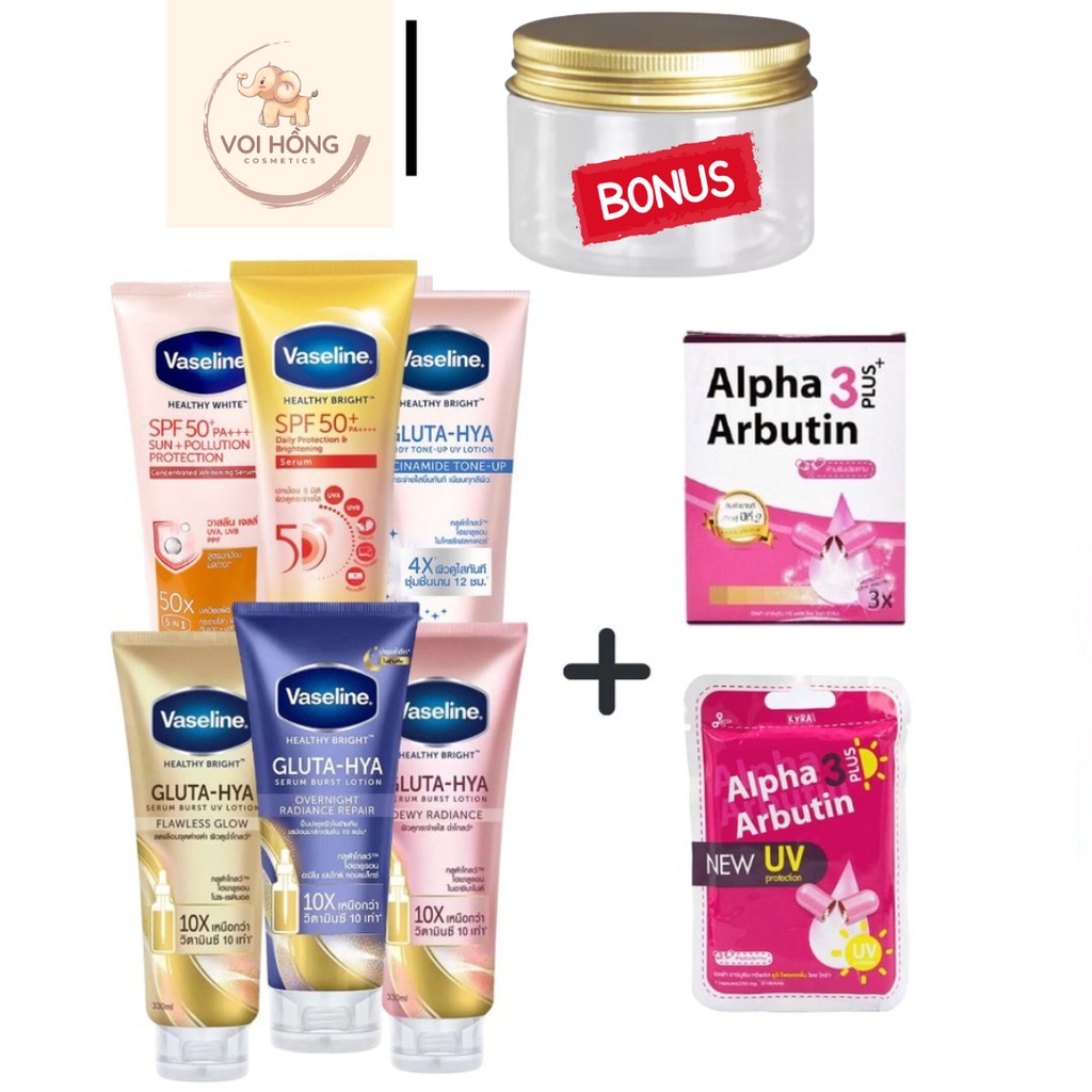 Combo Dưỡng thể Vaseline Gluta 10x - 50x + Viên Kích Trắng Alpha Arbutin 3 Plus Đêm Ngày