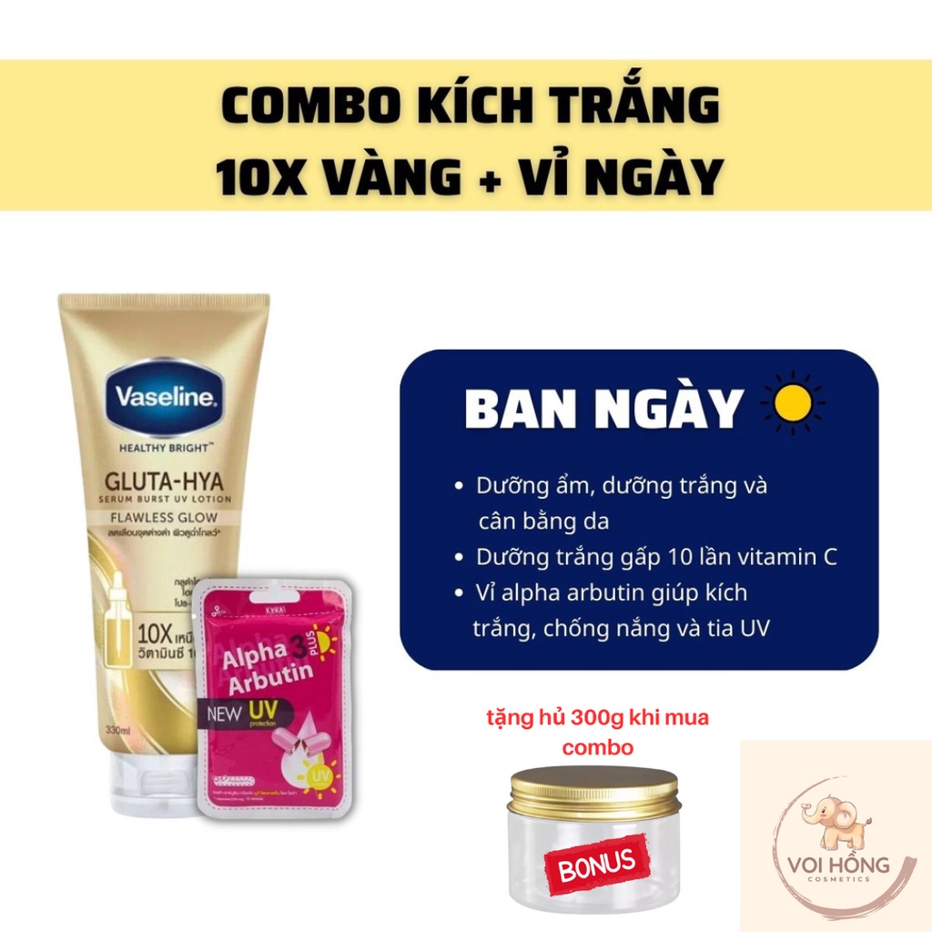 Combo Dưỡng thể Vaseline Gluta 10x - 50x + Viên Kích Trắng Alpha Arbutin 3 Plus Đêm Ngày