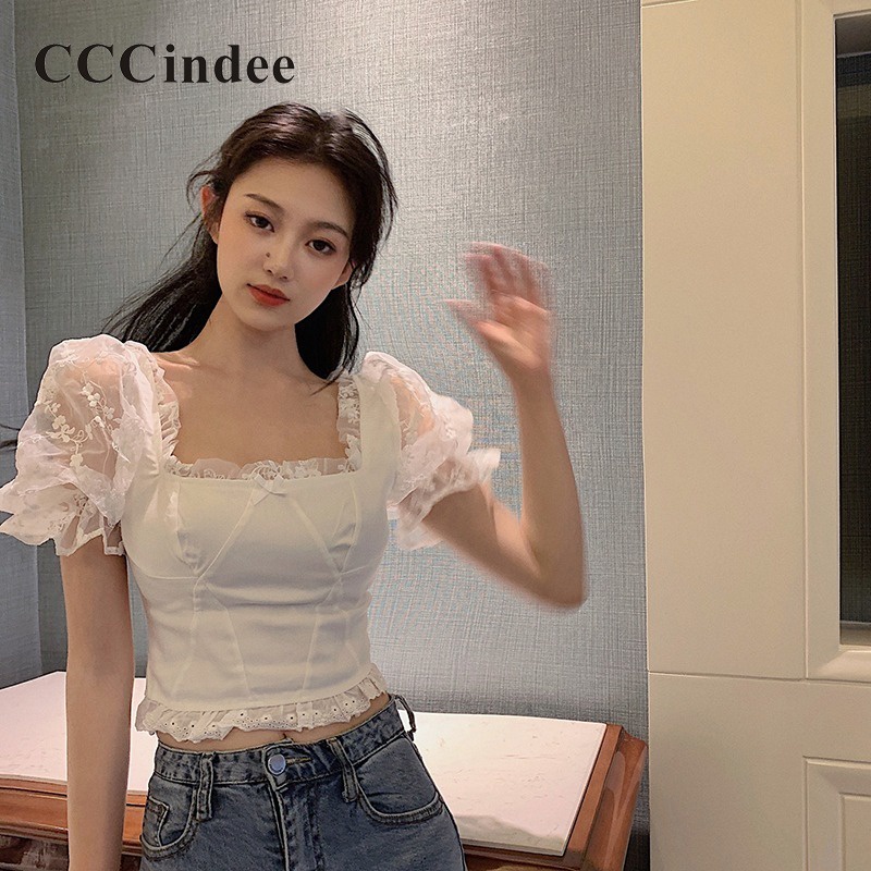 Áo Thun Tay Phồng Cổ Vuông Màu Trơn Thời Trang Mới 2023 Dành Cho Bạn Nữ