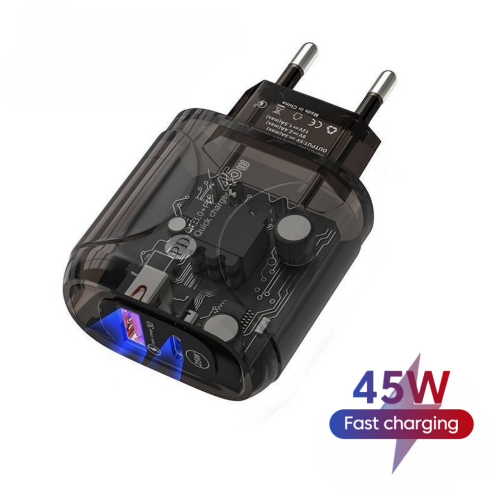 Cục Sạc Nhanh 45W PD20W Cổng Kép Màu Đen Trong Suốt Cho Điện Thoại Huawei A + C