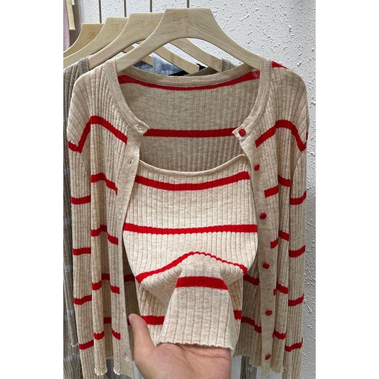 Brand cut label remove Cabinet spring clothes lazy style retro striped knitted cardigan women's design sense sling two-piece coat MC clothing XYXV