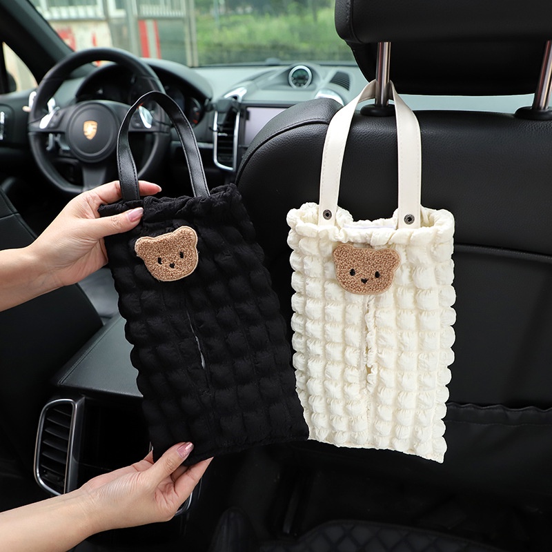 New Car Tissue Box Elegant Puff Grid Car Seat Hanging Tissue Box Cartoon Bear Car Tissue Dispenser C
