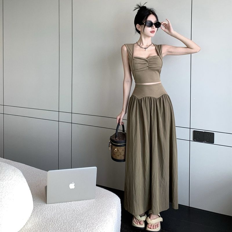 Phù hợp với phụ nữ hàn quốc tối giản màu rắn tính khí cổ điển Vest cổ vuông + váy giảm béo hai mảnh