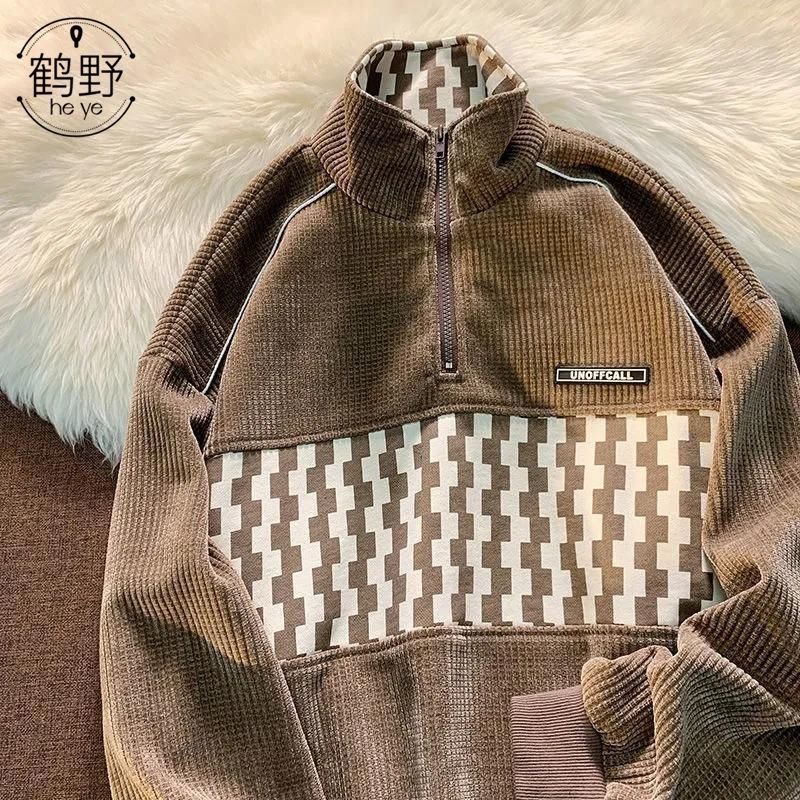 Waffle nửa dây kéo polo cổ áo len nam và nữ áo khoác rộng thùng thình mùa thu