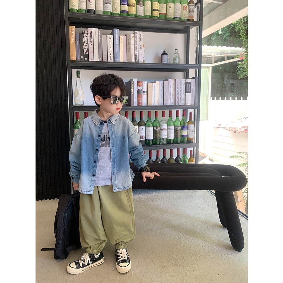 Áo sơ mi nam nhật bản và hàn quốc denim gradient áo sơ mi mùa thu cho bé trai trung và lớn