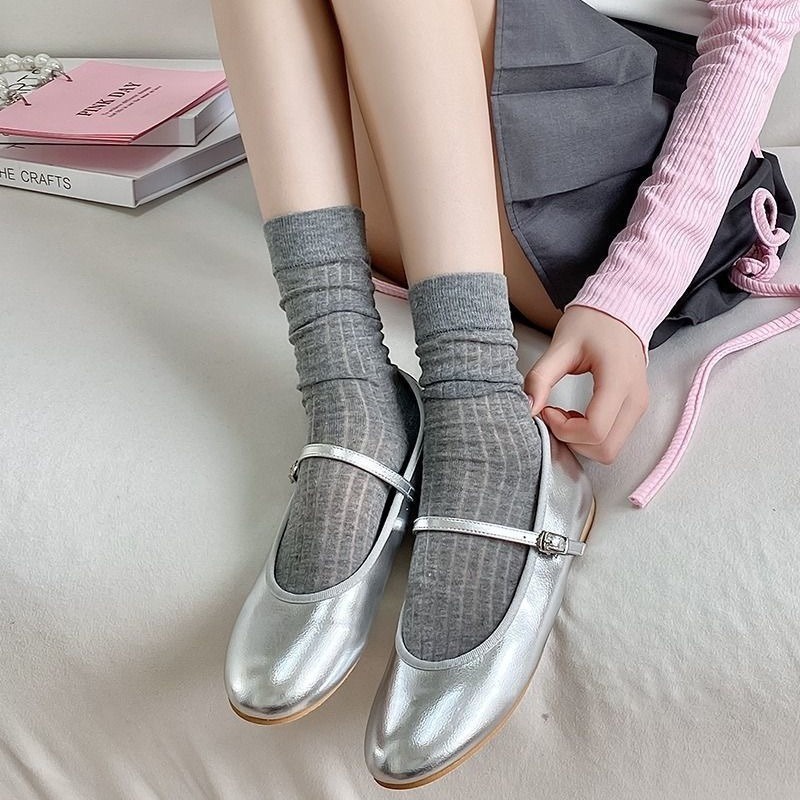 Phong cách nhật bản ballet thẩm mỹ đồng phục jk đa năng màu rắn sọc dọc vớ cọc cổ điển phụ nữ đơn giản cô gái mùa hè siêu mỏng thoáng khí bông ống giữa vớ
