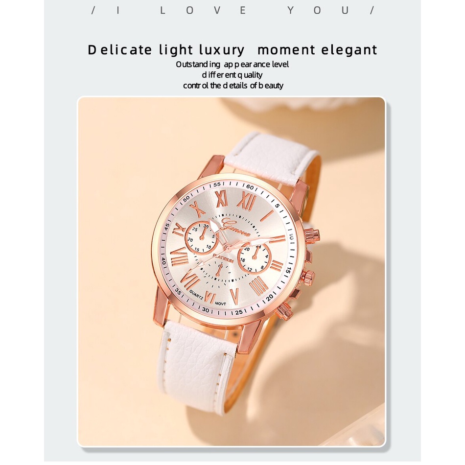 6-piece women watch set vòng cổ bông tai và vòng tay bộ thời trang doanh nhân phụ nữ đơn giản đồng hồ thạch anh da trắng