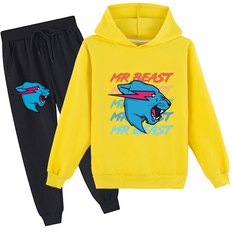 Trẻ em 4-14 tuổi mr beast lightning cat mr. Quần áo mèo bộ in mùa thu 2 cái áo dài tay + quần trẻ em bé trai cô gái phim hoạt hình áo khoác ngoài hoodie