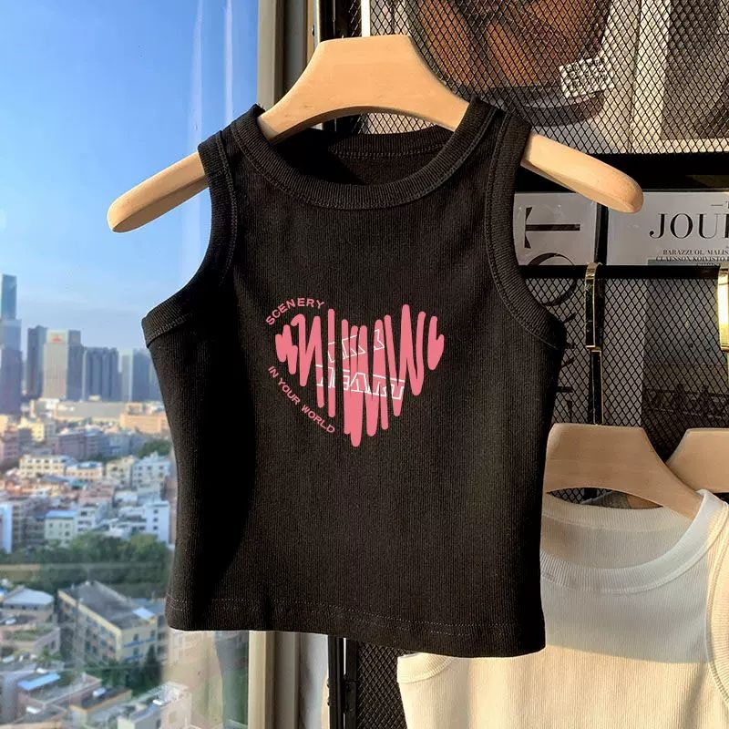 Áo Thun Cotton Không Tay Màu Trơn In Họa Tiết Hoạt Hình Phong Cách Hàn Quốc Dành Cho Bé Gái