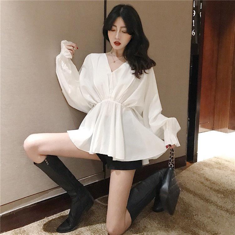 Áo cánh dơi nữ mùa xuân 2023 áo cánh dơi v-cổ - áo sơ mi quấn eo vừa vặn