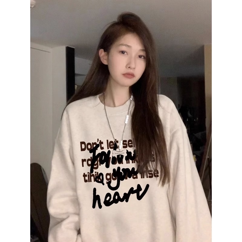 Áo Sweater dài tay in chữ cổ tròn mỏng rộng rãi thời trang cổ điển đường phố cá tính kiểu Mỹ mùa thu cho nữ