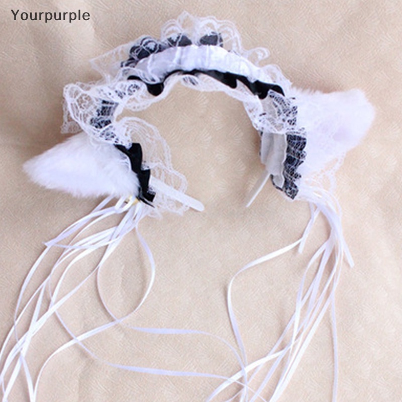 Yourpurple Maid phụ nữ ruffles ren Headband sang trọng Mèo Tai Ribbon chuông tóc Hoop cosplay VN