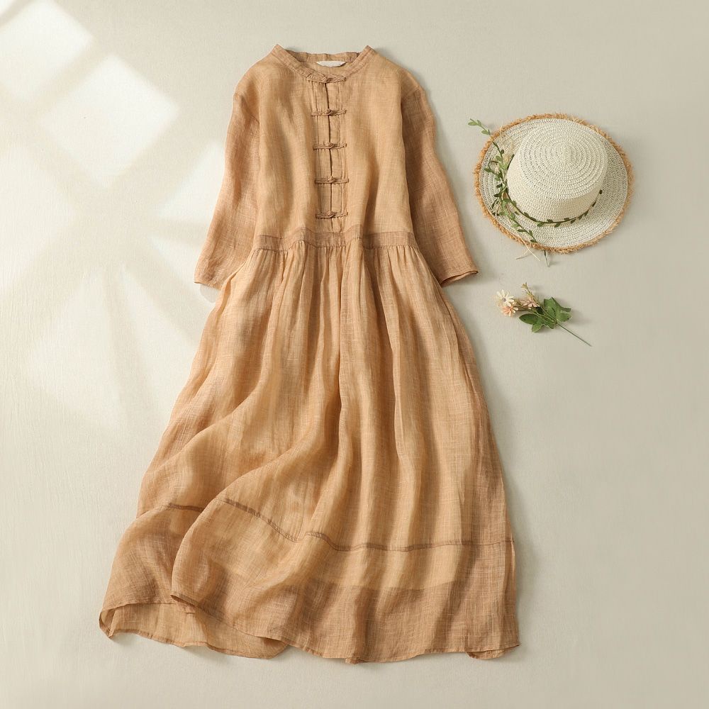 Đầm Sườn Xám Dáng Dài Vải Lanh Cotton Cổ Đứng Cài Nút Kiểu Trung Hoa