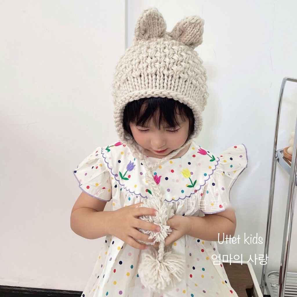 MŨ LEN TAI THỎ PHONG CÁCH HÀN QUỐC VÀNH 52CM CHO BÉ GÁI VÀ BÉ TRAI