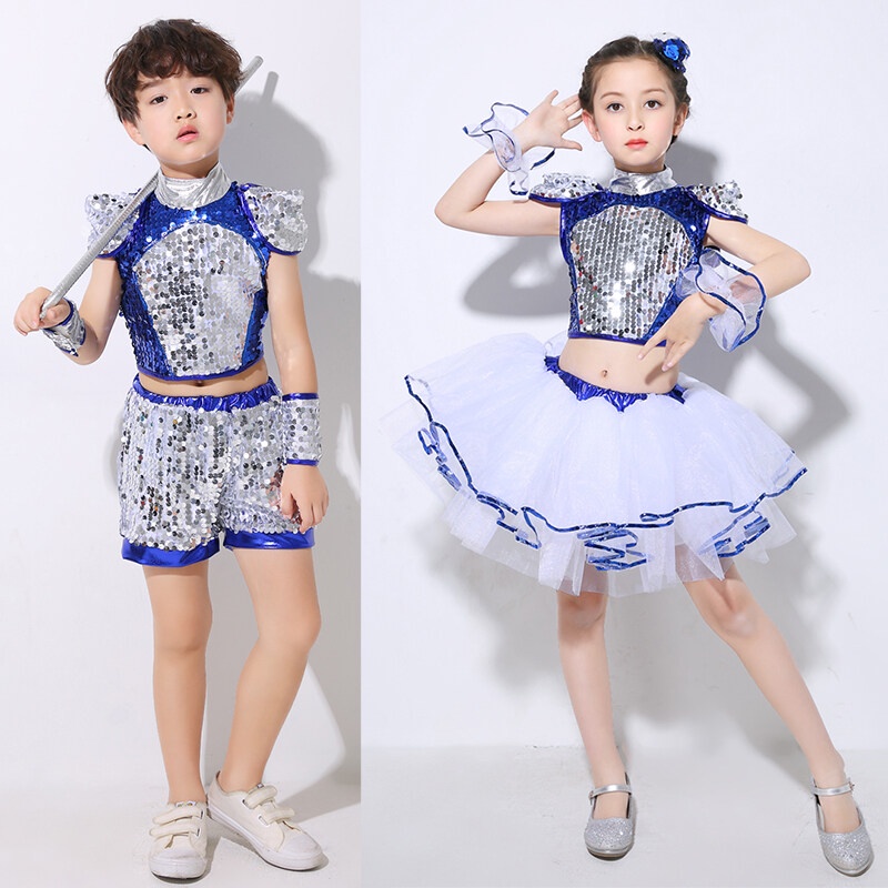 Trẻ em sequins trang phục khiêu vũ đường phố hiện đại cho bé gái bé trai màu xanh vàng mảnh hip-hop trang phục đội học sinh áo + váy / quần short bộ có dây đeo tay
