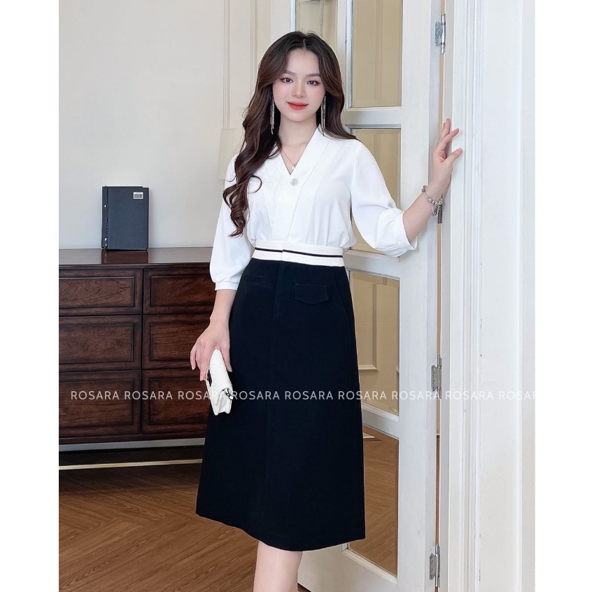Chân Váy Đen Dài Cạp Trắng Kẻ Đen Thời Trang Nữ Rosara CV40